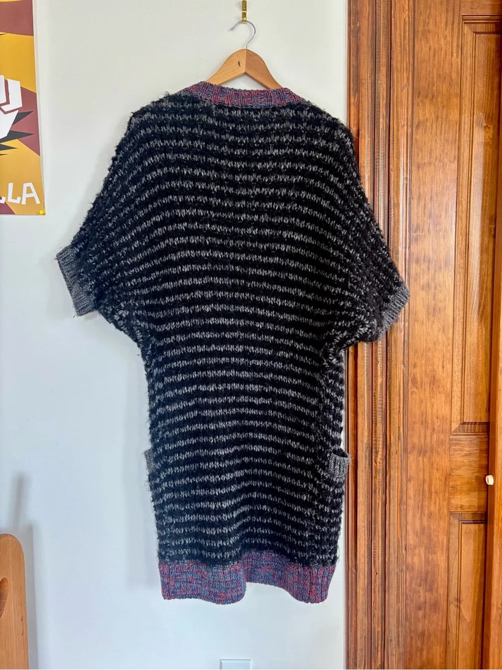 rag & bone Long Black and Gray Striped Open-Front Cardigan with Marled Trim